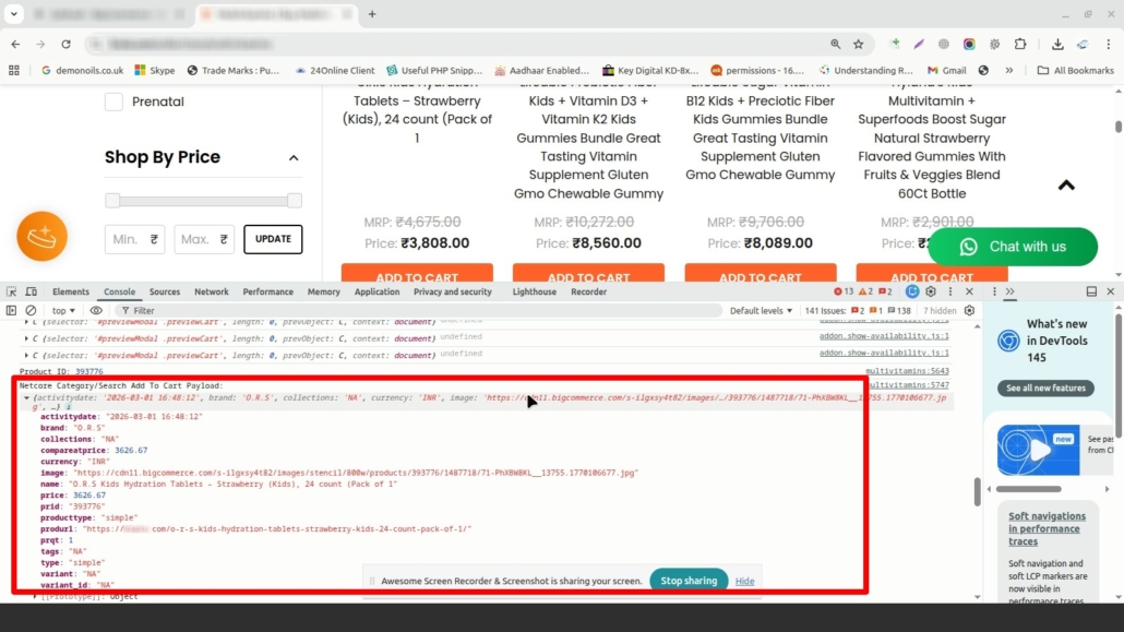 Netcore Add to Cart event payload captured from BigCommerce storefront showing structured product data and attributes