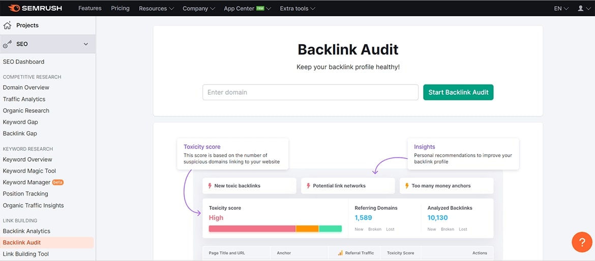 Identification of bad/spammy link by SEMRush Tool using option Backlink Audit